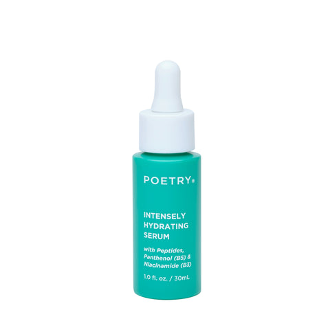 Poetry Skincare Intensely Hydrating Serum with Peptides, two types of Hyaluronic Acid, Vitamin B3 Niacinamide, Provitamin B3 Panthenol. 100% recycled PET bottle with white dropper. Australian made and owned 30ml bottle.