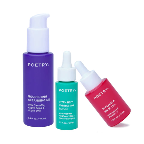 Purple bottle nourishing cleansing oil 100ml, green 30ml bottle intensely hydrating Serum with naicihyaluronic acid & peptides and glass red bottle 30ml with rosehop & jojoba. Poetry Skincare bottles