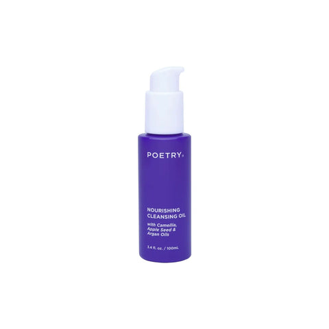 100ml purple bottle with cleansing oil made with organic camellia, apple seed and organic argan oils. Made by Poetry Skincare.