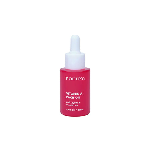 Poetry Skincare 30ml Vitamin A Face Oil with organic rosehip which contains natural retinoic acid and organic jojoba oils. Australian owned and made. Red glass round bottle with white dropper.