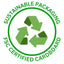 POETRY Skincare's Sustainability symbol. It has Sustainable Packaging in green wrapped around a green circle and FSC Certified Cardboard wrapped around the bottom of the green circle.  A recycling symbol is inside the circle with three green folded arrows cycling around each other We use 100% recycled/recyclable, FSC Certified cardboard packaging, 100% recycled PET and glass bottles to keep an endless loop of reducing, recycling, reusing.