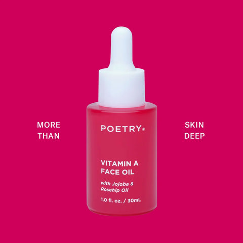 POETRY Skincare Vitamin A Face Oil. 30ml red glass bottle with white writing and white dropper. Face Oil contains organic rosehip, and organic jojoba