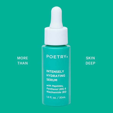 POETRY Skincare Intensely Hydrating Serum. 30ml bottle. Green bottle with white writing and white dropper. Serum contains Niacinamide (Vitamin B3), Panthenol (Vitamin B5), Hyaluronic Acid and peptides.
