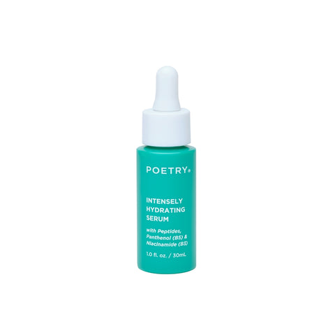 Poetry Skincare natural Australian skincare. A green bottle called Intensely Hydrating Serum with Hyaluronic acid, niacinamide or vitamin b3, pro-vitamin b5 or panthenol and peptides. Made by Poetry Skincare. 30ml bottle.